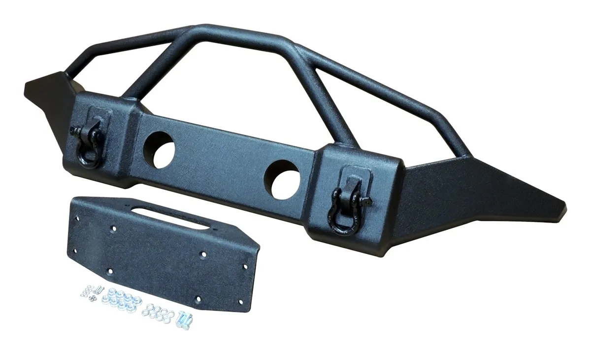 RTOff-RoadJeepHDBumperBlackHeavyDutyFrontBumper316inColdRolledSteedConstructionGlossBlackPowderCoatFinishBoltOnInstallationShackleMountswD-RingsIncluded4inLightOpeningallowsforuseofFactoryorAftermarketLightsInte product image
