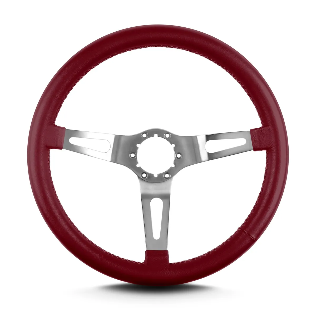 Lokar Lecarra Teardrop Steering Wheel; Burgundy; 3 Brushed Spokes; 14 in. Thin Grip;