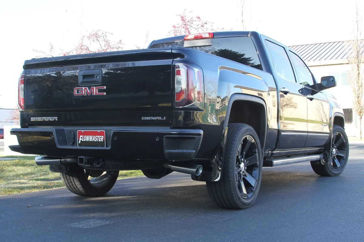 2011-2017 GM Silverado/Sierra, 1500, 1/2 Ton, 6.2L V8, Crew Cab and Double Cab, 2/4 Wheel Drive, 50 Series HD Muffler, 16 G. Mandrel Bent Tubing, 3.50" Logo Embossed Stainless Tips, American Thunder, DOR/S, 409S Stainless Steel. product image