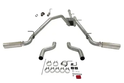 Flowmaster 07-13 GM Silverado/Sierra, 1/2 Ton, 5.3L W/Flex Fuel, 4.8L (07-08 Only), Extra Cab and Crew Cab Only, 2/4 Wheel Drive, Cat-back, 2.50" Tailpipes, Super 40 Series Muffler, 3.50" Logo Embossed Stainless Tips, American Thunder, Includes Extensions for DOR an