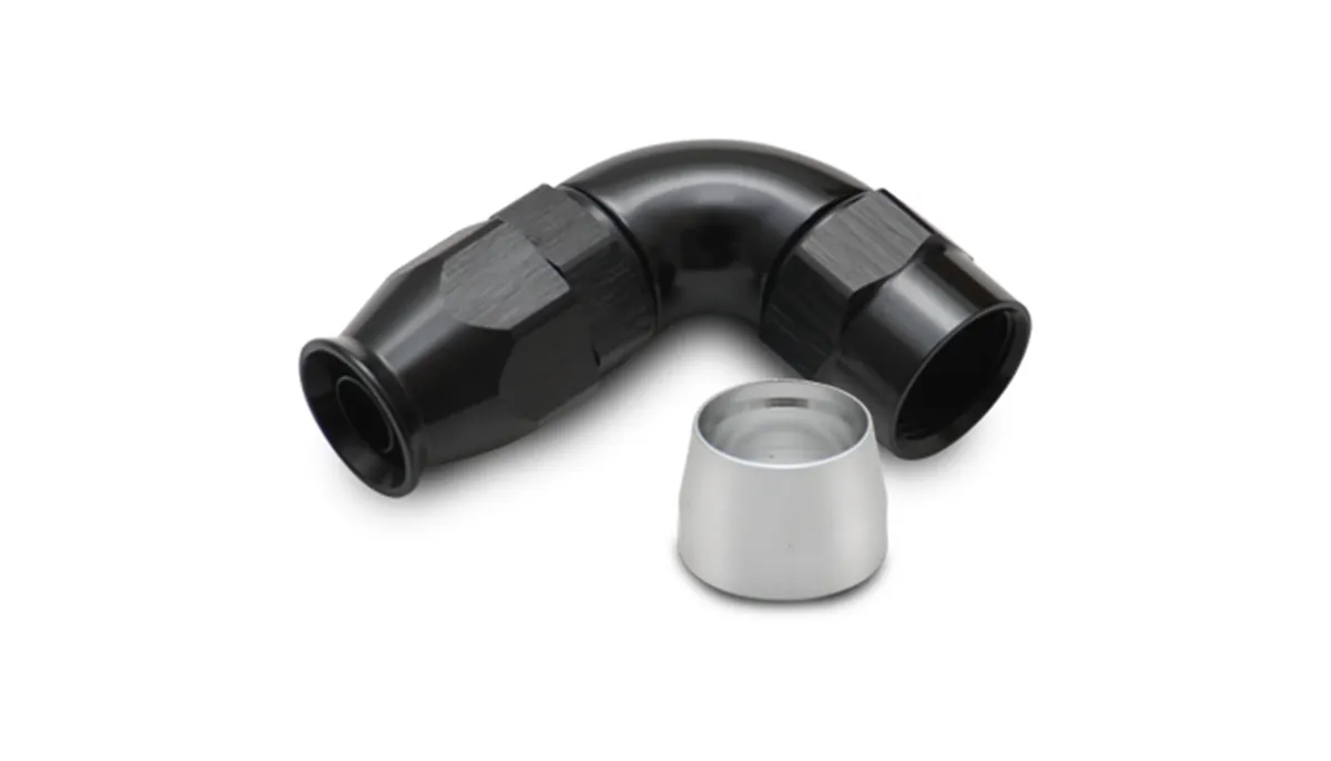 90 Degree High Flow Hose End Fitting; -6AN; 6061 Aluminum; Black Anodized; For PTFE Lined Hose; product image