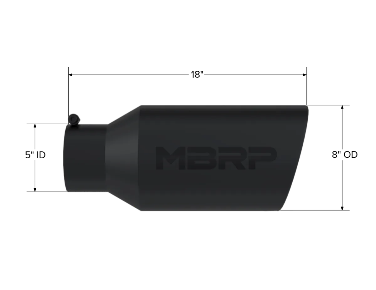 Armor BLK Exhaust Tip; 5 in. Inlet Diameter; 8 in. Outlet Diameter; 18 in. Length; Rolled End; T304 Stainless Steel; Black Coated; product image