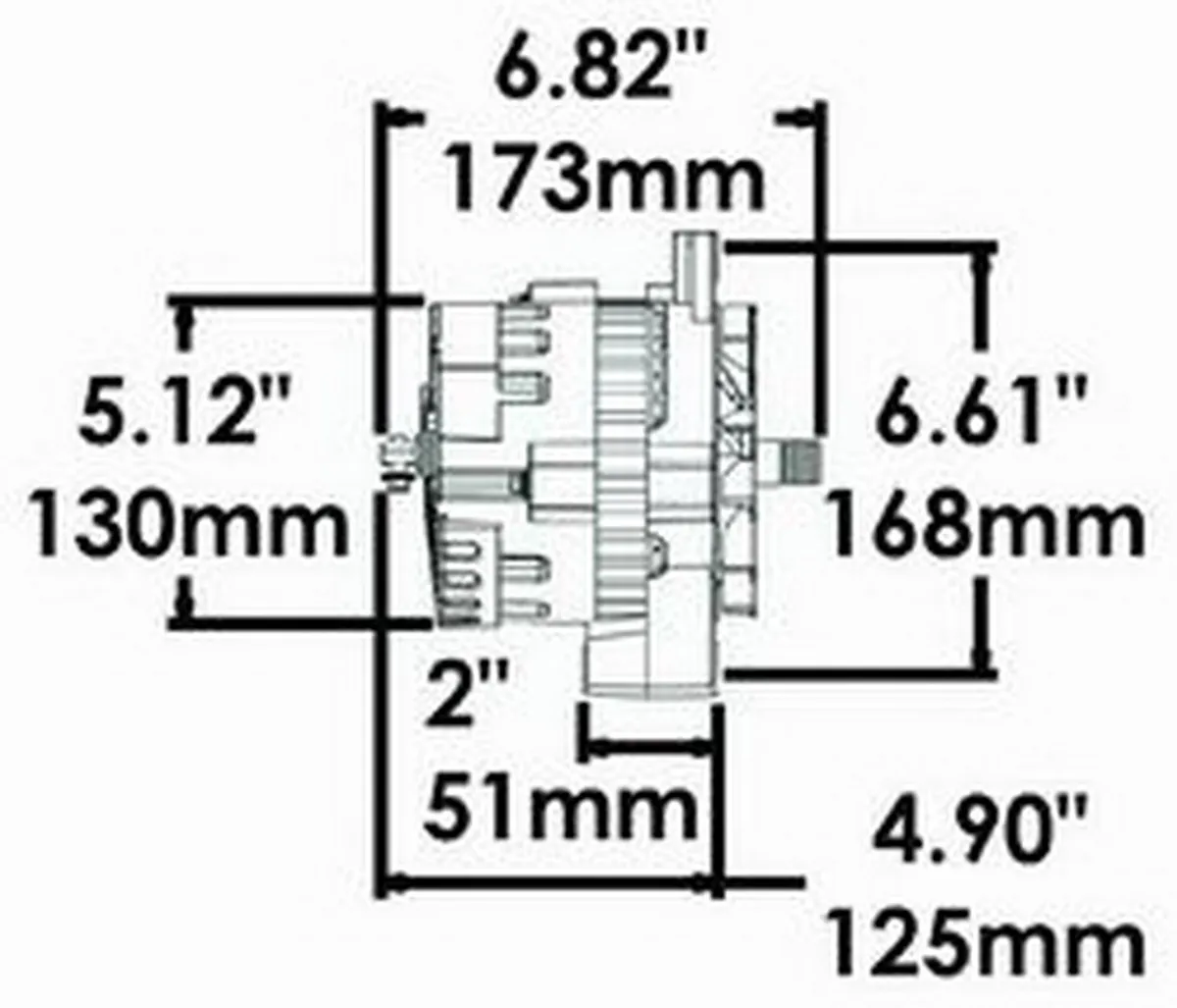 Power Master Racing Alternator; CS130; 2 Ear Mount; 105 Amp; 85 Idle; 12 Groove V Type; 6 Groove Pulley; Black;