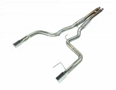 Pypes Performance exhaust Cat Back Exhaust System 15-17 Mustang GT Split Rear Dual Exit 4 in Polished Tips Hardware Included Mid-muffler H-pipe Natural 409 Stainless Finish Pypes Exhaust