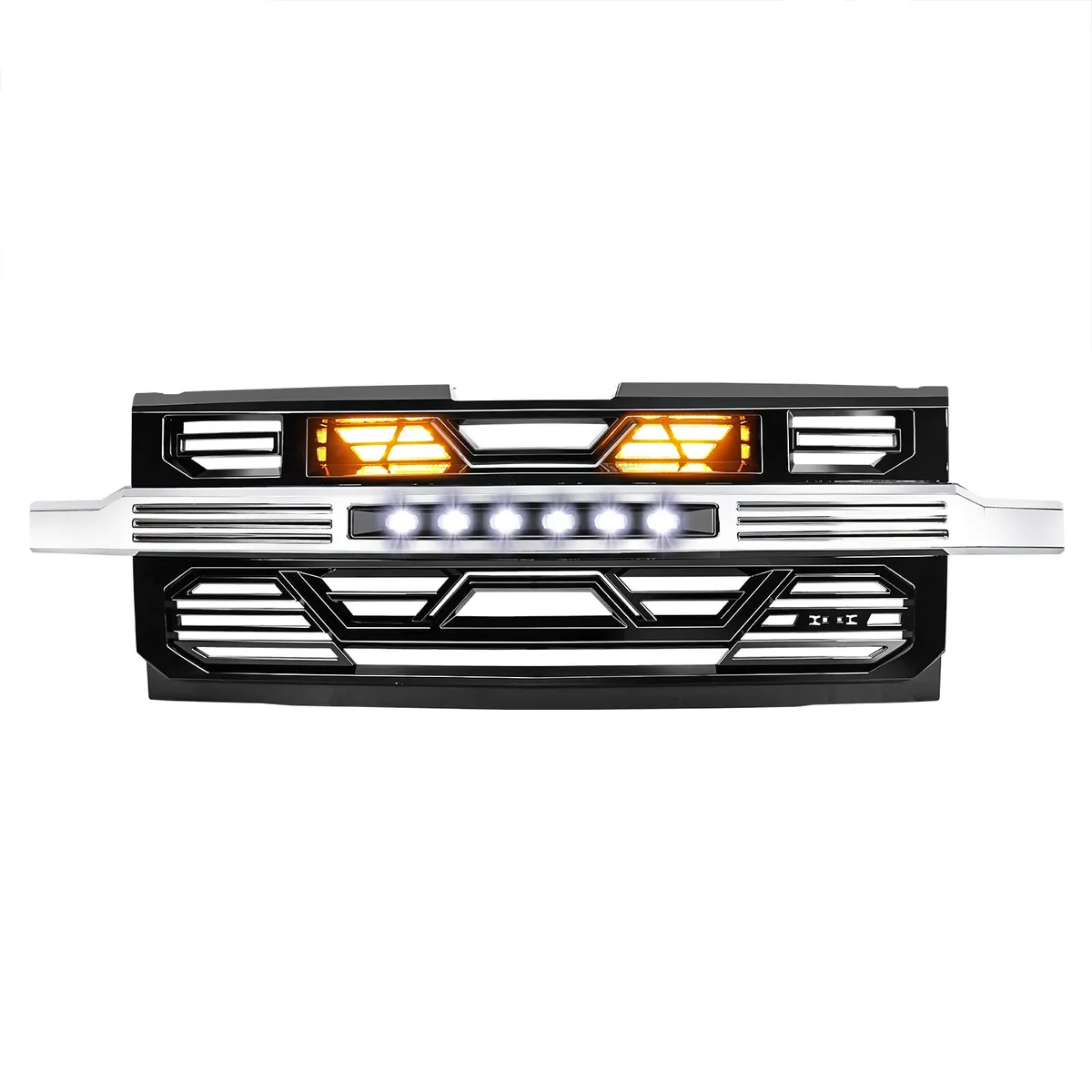 Armor Front Grille W/ Off-Road Lights & Amber Lights - Chrome Glossy Black For 2019-2022 Chevy Silverado 1500 product image