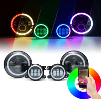 Race Sport 2018+ Jeep JL 9 inch Adapted Headlight and 4 inch Foglight ColorSMART Combo Complete RGB Multi-Color kit - Smartphone Controlled with (2) Headlights and (2) Foglights