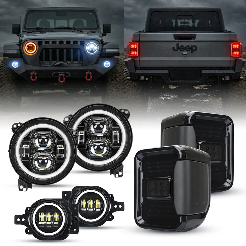 LED Factory Mart "JT Shadow Bundle – 9"" LED Halo Headlights, Turn Signals, Fogs & Tail Lights for Jeep Gladiator JT"