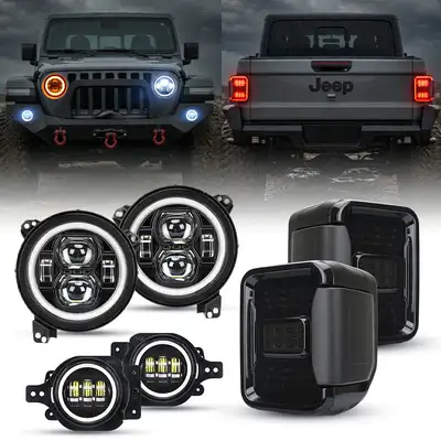 LED Factory Mart "JT Shadow Bundle – 9"" LED Halo Headlights, Turn Signals, Fogs & Tail Lights for Jeep Gladiator JT"