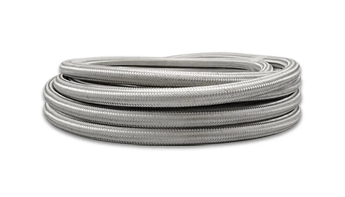 Stainless Steel Braided Flex Hose; -10AN; 0.516 in. Hose ID; 0.625 in. Hose OD; 6.6875 in. BR; 2000 PSI Operating Pressure; 6000 PSI BP; Natural; 20 ft. Roll; w/PTFE Liner; product image
