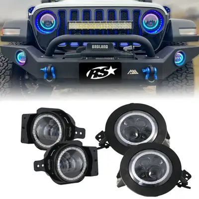 Race Sport Chasing Version - 2018+ Jeep JL 9 inch Adapted Headlight and 4 inch Foglight ColorSMART Combo Complete RGB Multi-Color kit - Smartphone Controlled with (2) Headlights and (2) Foglights