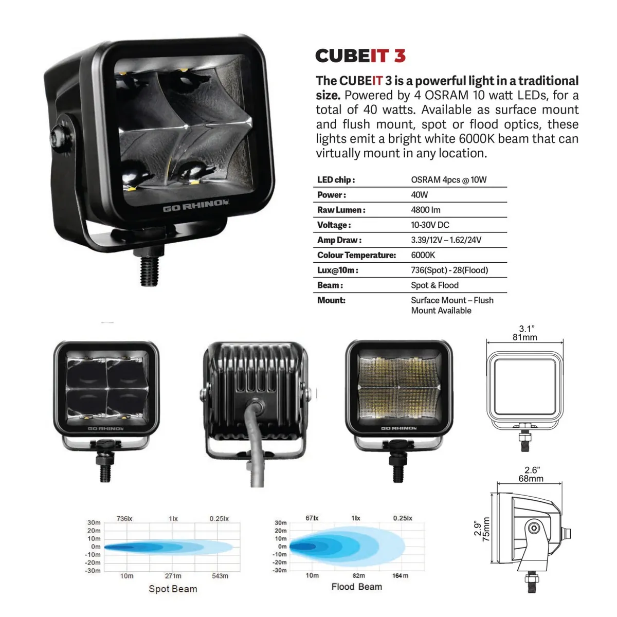 go Rhino 750400321fcf Blackout Series - Cubeit 3x3 LED Cube Flood Lights With Flush Mount, Pair product image