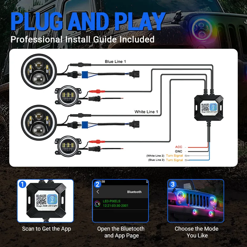 ã€Magic RGB Haloã€‘Jeep Wrangler JK LED Headlights & Fog Lights Kit w/ Amber Turn Signal (2007-2018) product image