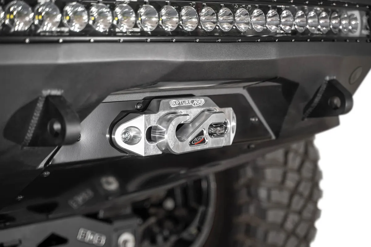 Ford Ranger Stealth Fighter Front Bumper with Winch mount and SENSOR CUTOUTS with 10 duallyuniversal 40in Mounts with D-ring Clevis Mounts and Dually Mounts on Sides in Hammer Black with Satin Black panels product image