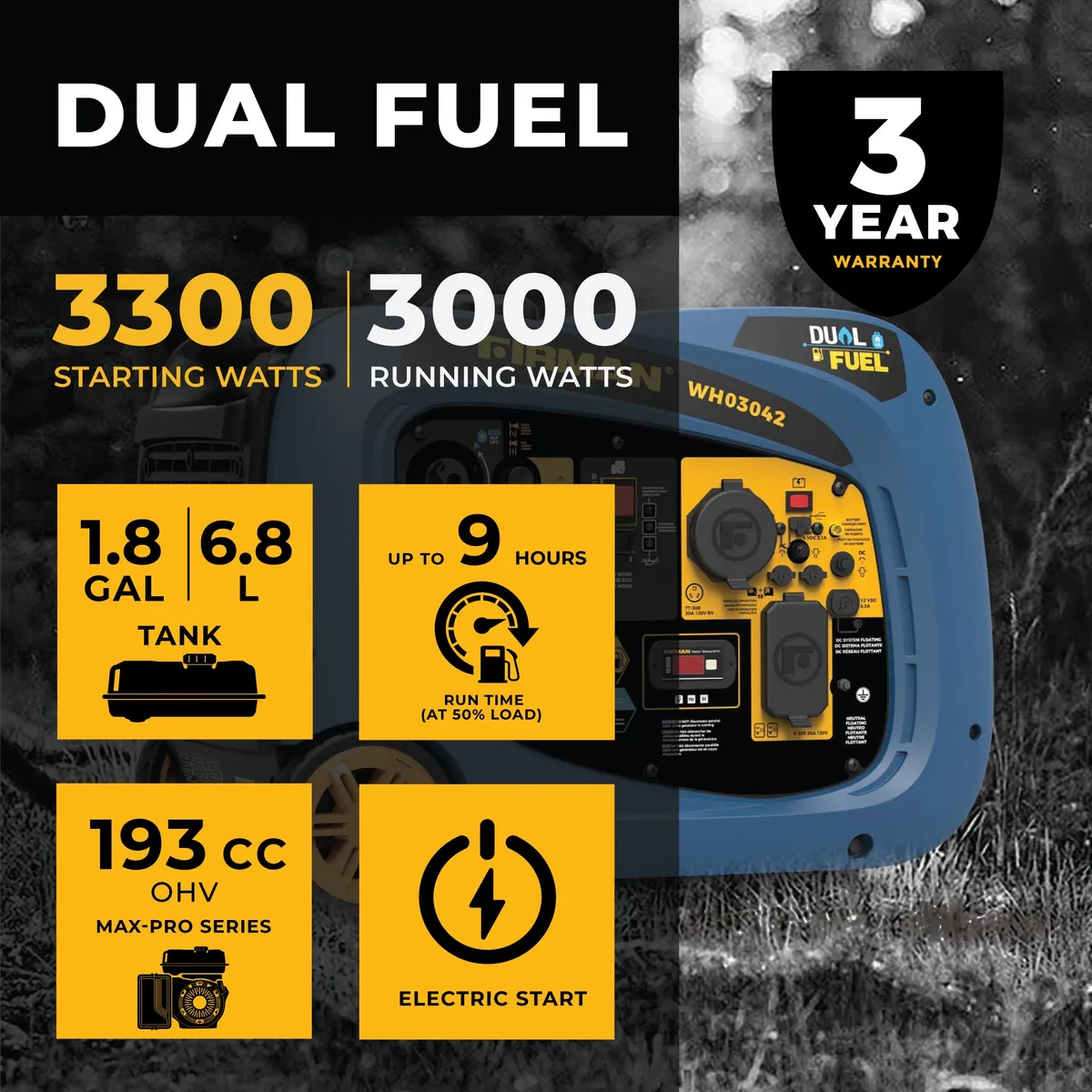 Inverter 3300/3000w Electric Start Parallel Ready Gas/Propane Portable Generator product image