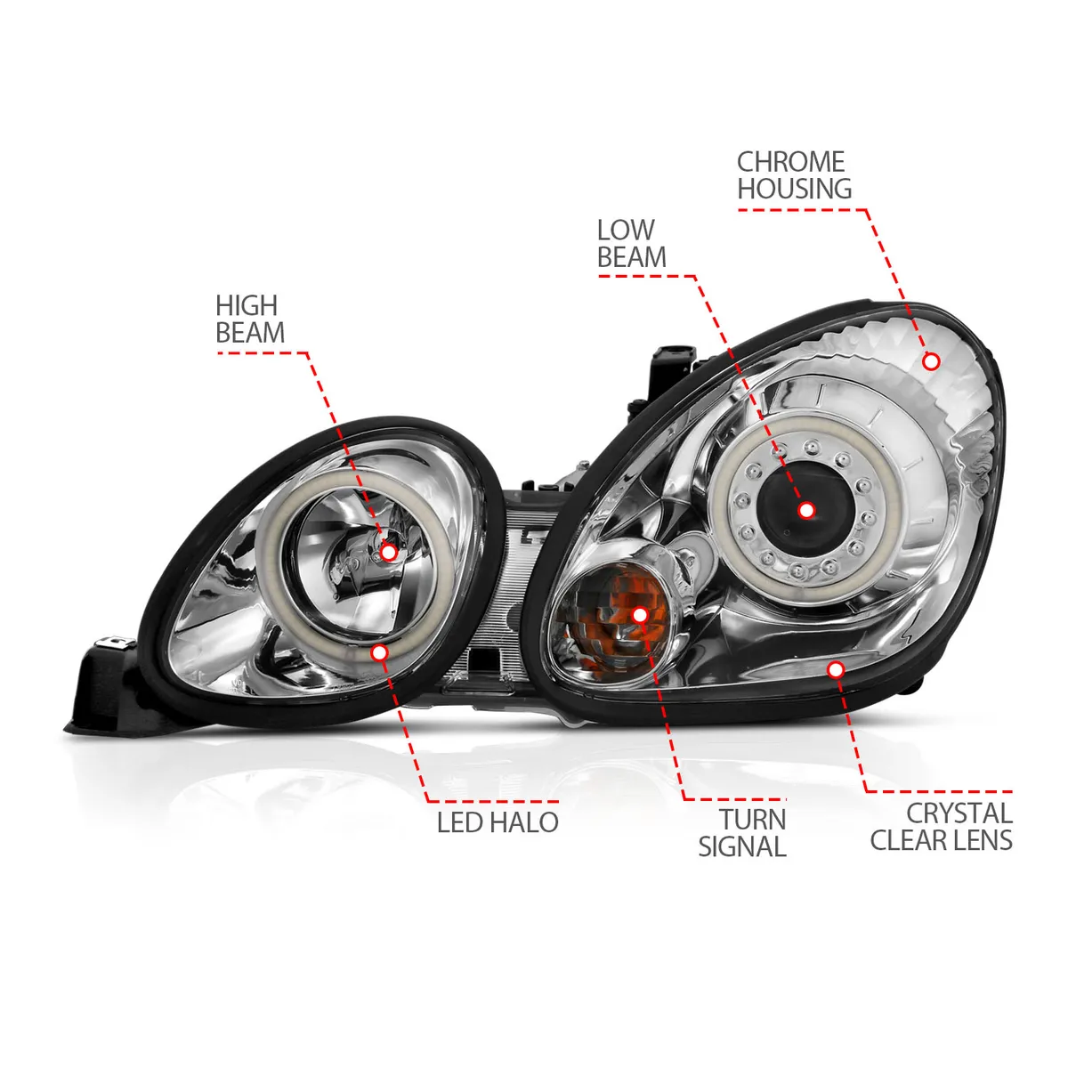 Projector Headlight Set w/Halo; Clear Lens; Chrome Housing; Pair; CCFL; For Use w/Non HID Models Only; product image