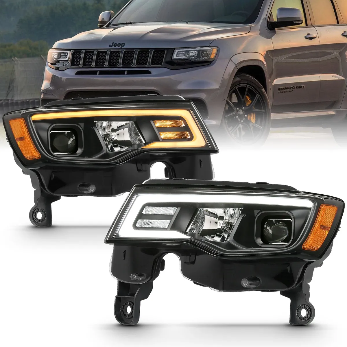 Jeep Grand Cherokee 17-22 Projector Switchback LED Plank Style Headlights Black (Not For HID Models) product image