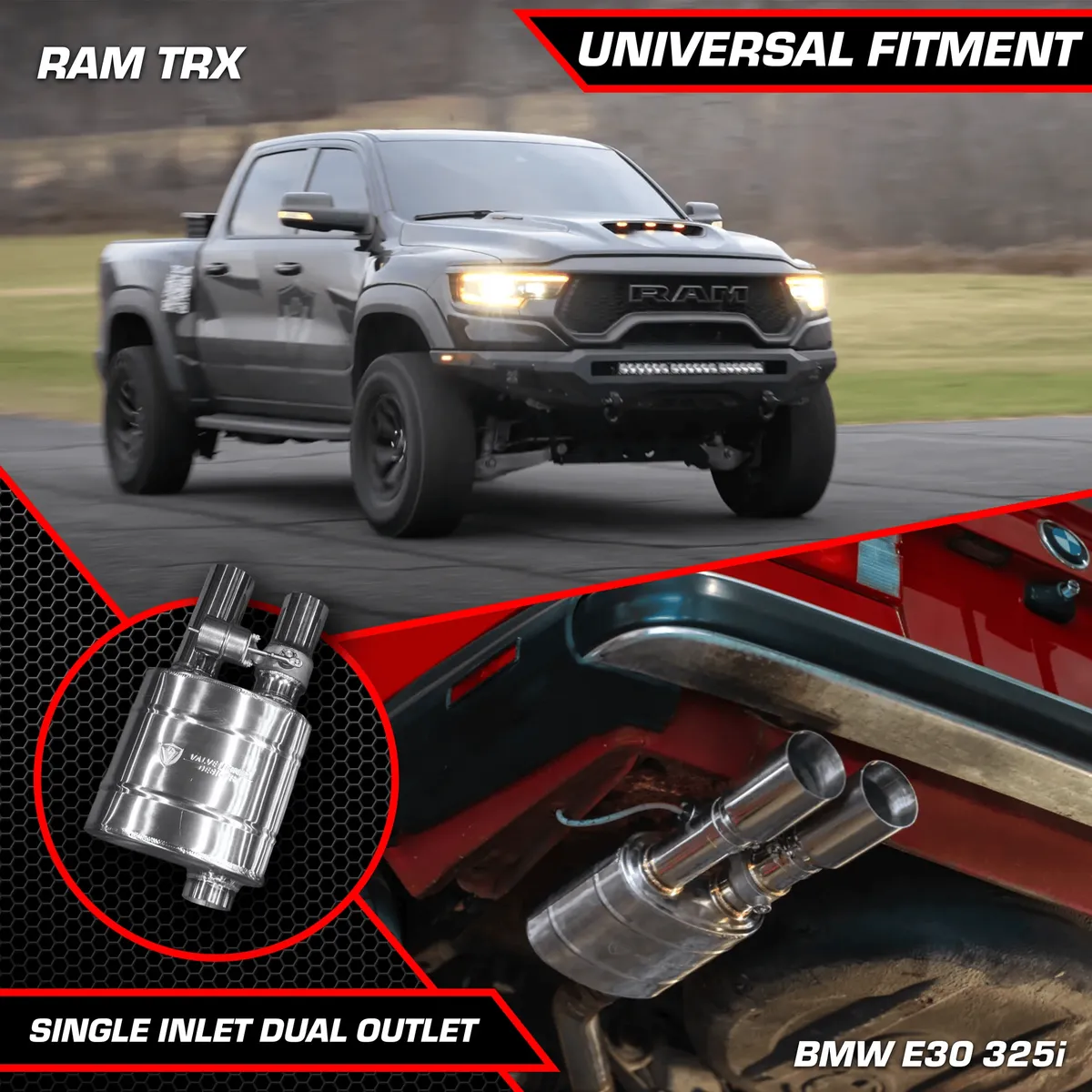 Universal Muffler Kit, Single Inlet Dual Outlet, 63MM 2.5 Inch 1 Muffler Valvetronic Designs product image