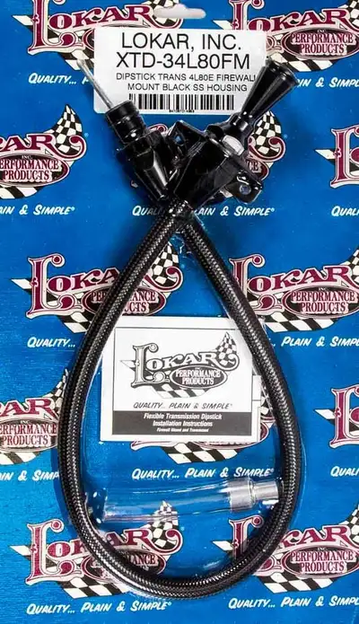 Lokar Hi-Tech Flexible Braided Transmission Dipstick; 24 in.; Firewall Mount; Incl. Flexible Dipstick/Funnel Adapter/Braided Black Stainless Outer Housing; Black Finish;