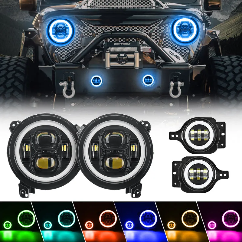 LED Factory Mart "multi-Function 9"" LED Rgbw Headlights & Rgbw Fog Lights For 2018-2026 Jeep JL And Jt"