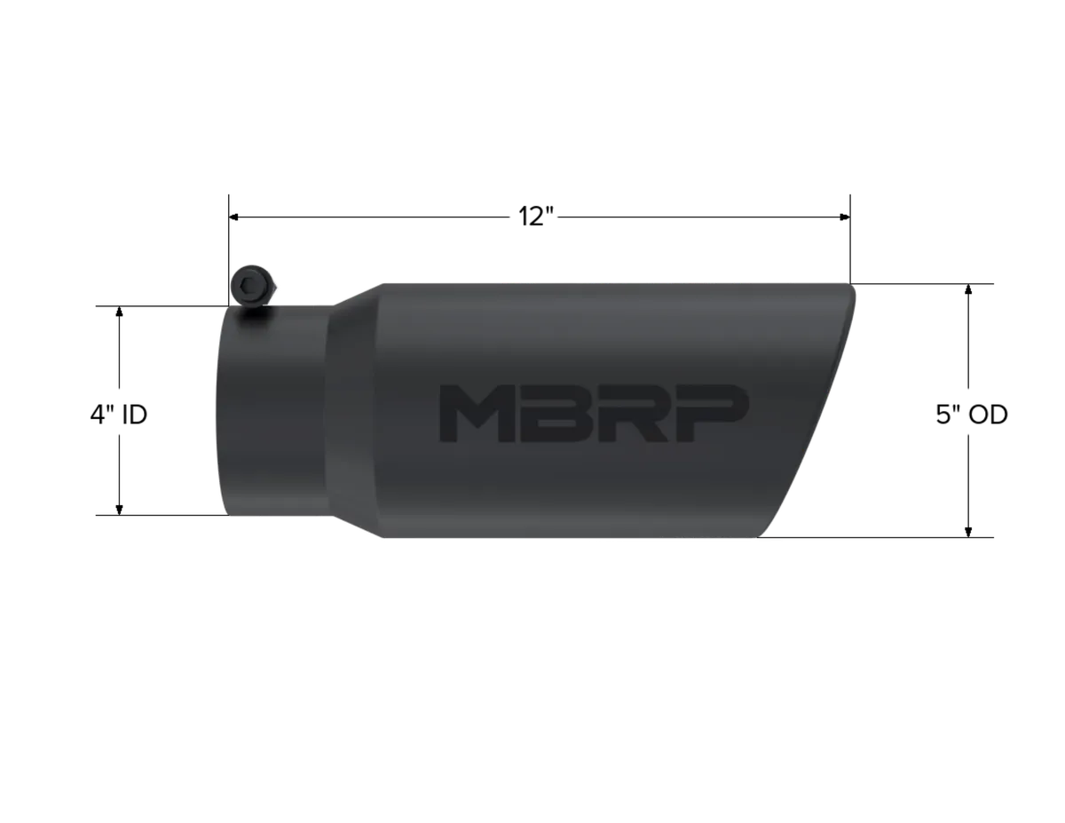 Armor BLK Exhaust Tip; 4 in. Inlet Diameter; 5 in. Outlet Diameter; 12 in. Length; Angled Rolled Edge; 304 Stainless Steel; Black Coated; product image