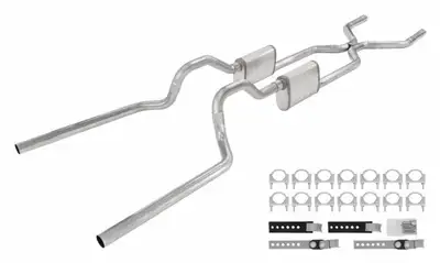 Pypes Performance exhaust Crossmember Back W/ H-Pipe Exhaust System 63-66 GM Truck Split Rear Dual Exit 2.5 Inch Intermediate And Tailpipe Hardware Incl Turbo Pro Muffler Incl And Tip Not Incl Stainless Steel Pypes Exhaust