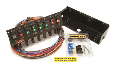 Painless Wiring 8-Switch Rocker Circuit Breaker Panel; Incl. Color Coded Lighted Rocker Switches/18 ft. Of Colored TXL Wire/Vibration Resistant Terminals; Black Finish;