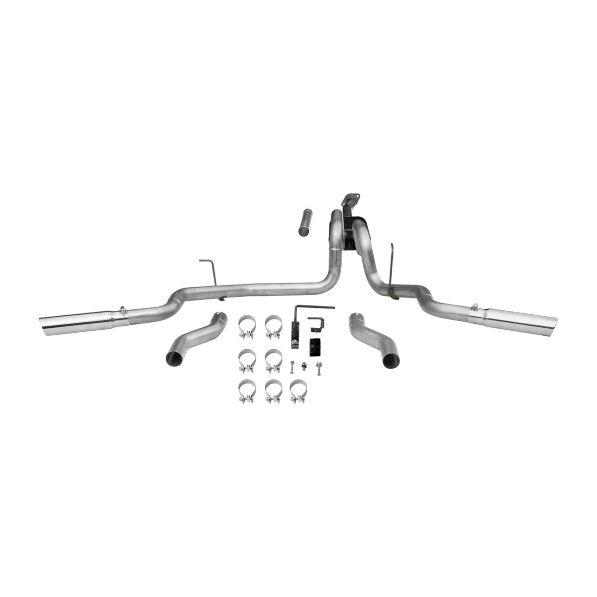 09-13 Ford F-150 4.6L/5.0L/5.4L All WB 2/4 Wheel Drive 2.50in Outlets Super 50 Series Muffler 3.00in Logo Embossed Stainless Tips Force II Incl. Tube Extensions for DOR and DOS in Kit Mandrel Bent Tubing 409S Stainless Steel product image