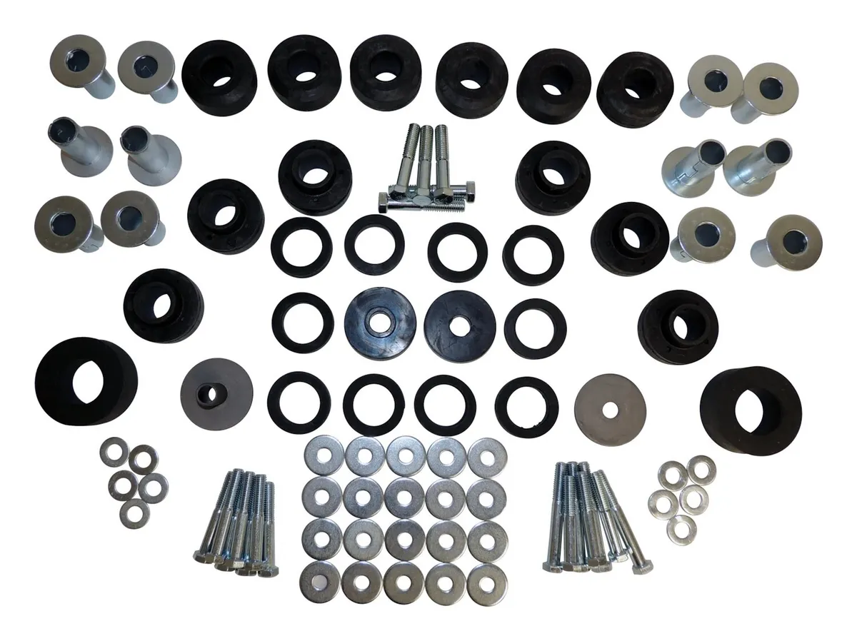 Body Mount Master Kit Jeep 1979-1983 CJ-5 1979-1986 CJ-7 1981-1986 CJ-8 w Steel Body Body Mount Master Kit Includes Upper Lower Grille Mount Bushings Grille Mount Retainer Grille Mount Washer Upper Lower Body Mount Bushings Body Mount Retainers and product image