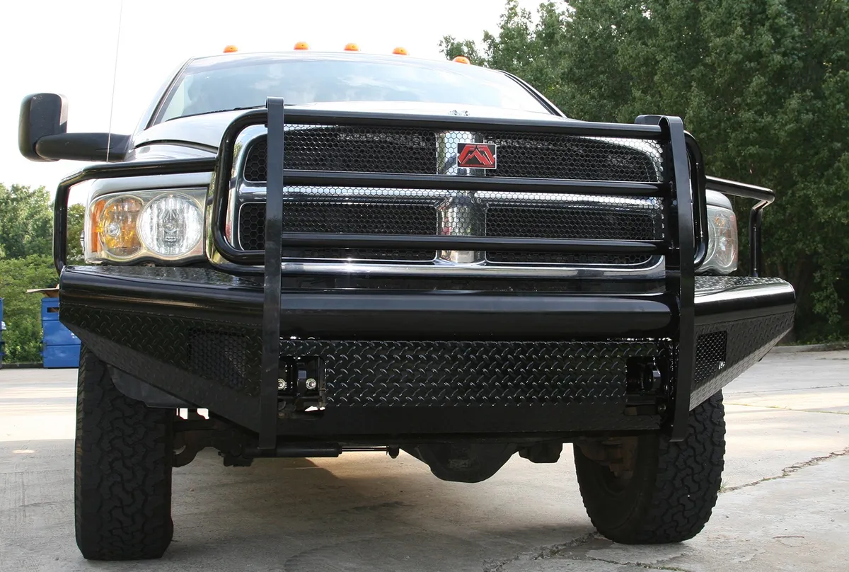 Black Steel Front Ranch Bumper; 2 Stage Black Powder Coated; w/Full Grill Guard; Incl. Light Cut-Outs; product image
