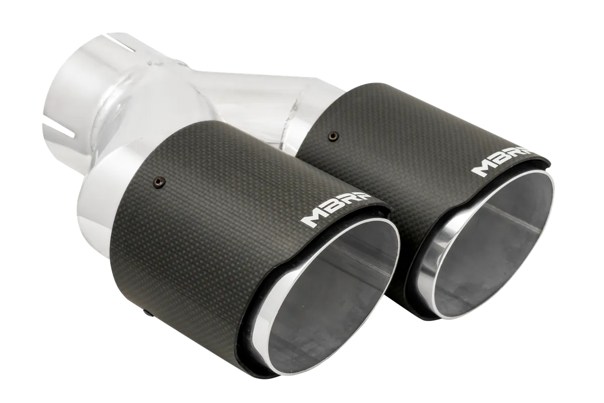 Carbon Fiber Exhaust Tip; 3 in. Inlet Diameter; 4 in. Outlet Diameter; Right Tip 9.87 in. Length; Left Tip 9.37 in. Length; Dual Out; Carbon Fiber Finish; product image