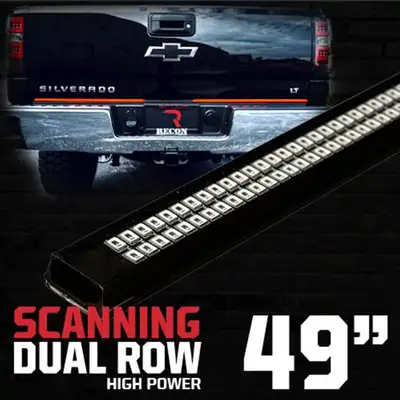 Recon Accessories 49inch Tailgate Bar w Ultra High-Power Dual Row Red Inchscanninginch LED Turn Signals And Ultra High-Power Dual Row Red LED Brakerunning Lights And Ultra High-Power Dual Row White LED Reverse Lights 49inch Bar Fits Most Flare Side And Smaller Trucks an