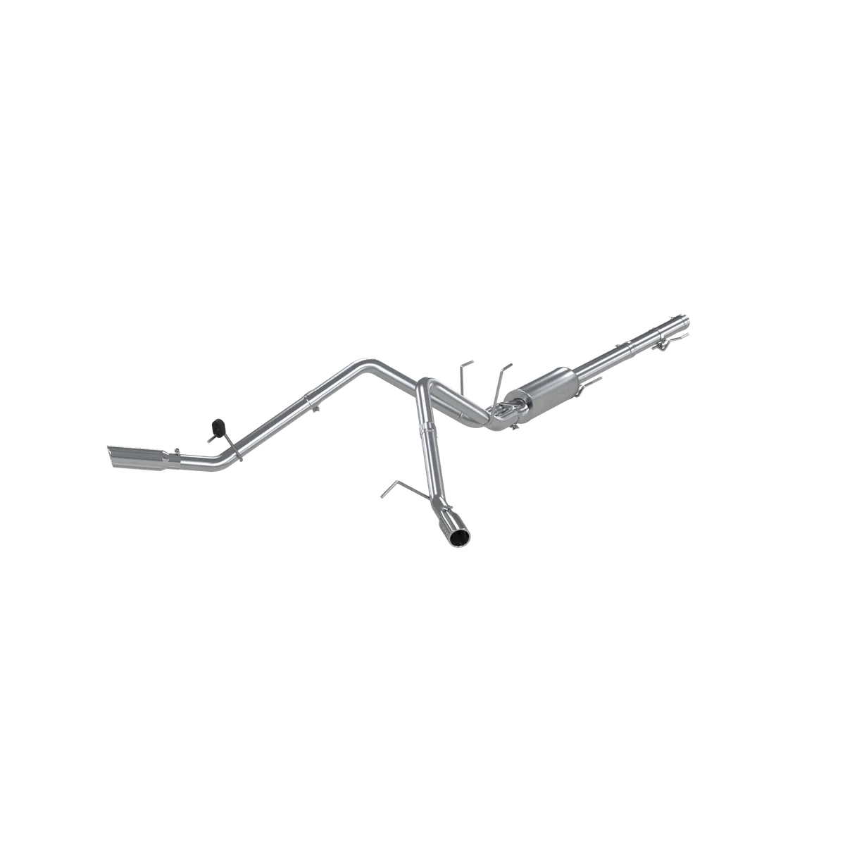 Armor Plus Cat Back Exhaust System; 2.5 in.; Incl. Front Pipe/Ext. Pipe/Muffler/Over Axle Pipes/Tailpipes/Hardware/3.5 in. OD Tips; Dual Split Side Exit; T409 Stainless Steel; product image