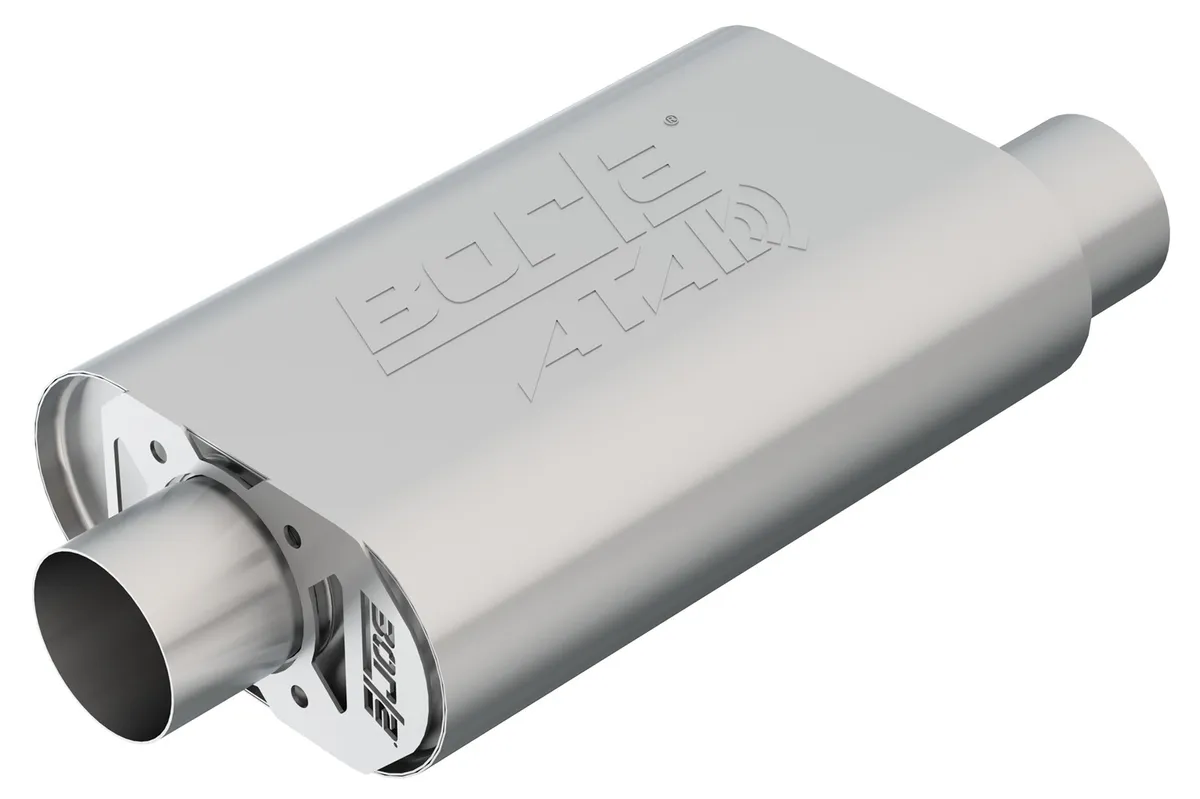 CrateMuffler GM Chevrolet SB Hot 350 383 CID OffsetCenter Oval Body 3 in. Inlet 3 in. Outlet 14 in. x 4.35 in. x 9 in. Body Size 19 in. Overall Length ATAK Sound T-304 Stainless Steel product image