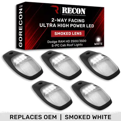 Recon Accessories Dodge 19-23 RAM Heavy-Duty 2500 3500 5-Piece Set Smoked Cab Roof Light Lens With 2-Way Forward Rear Facing White Ultra High-Power Leds - Attn Plug-N-Play Replacement For OEM Factory Installed Cab Roof Lights