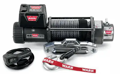 Warn WARN - Vehicle Mounted; Vehicle Recovery Winch; 12 Volt Electric; 9500 Pound Line Pull Capacity; 100 Foot Synthetic Rope; Hawse Fairlead; Wired Remote; Plane