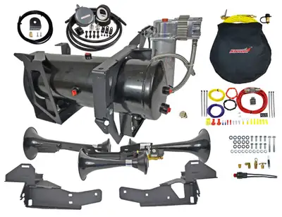 Kleinn Automotive Accessories Onboard Air System w/Horns; Includes Triple Black Horns PN[230]/ 150 PSI Air Compressor PN[6350RC]/ 3.0 Gallon Air Tank PN[6350RT];