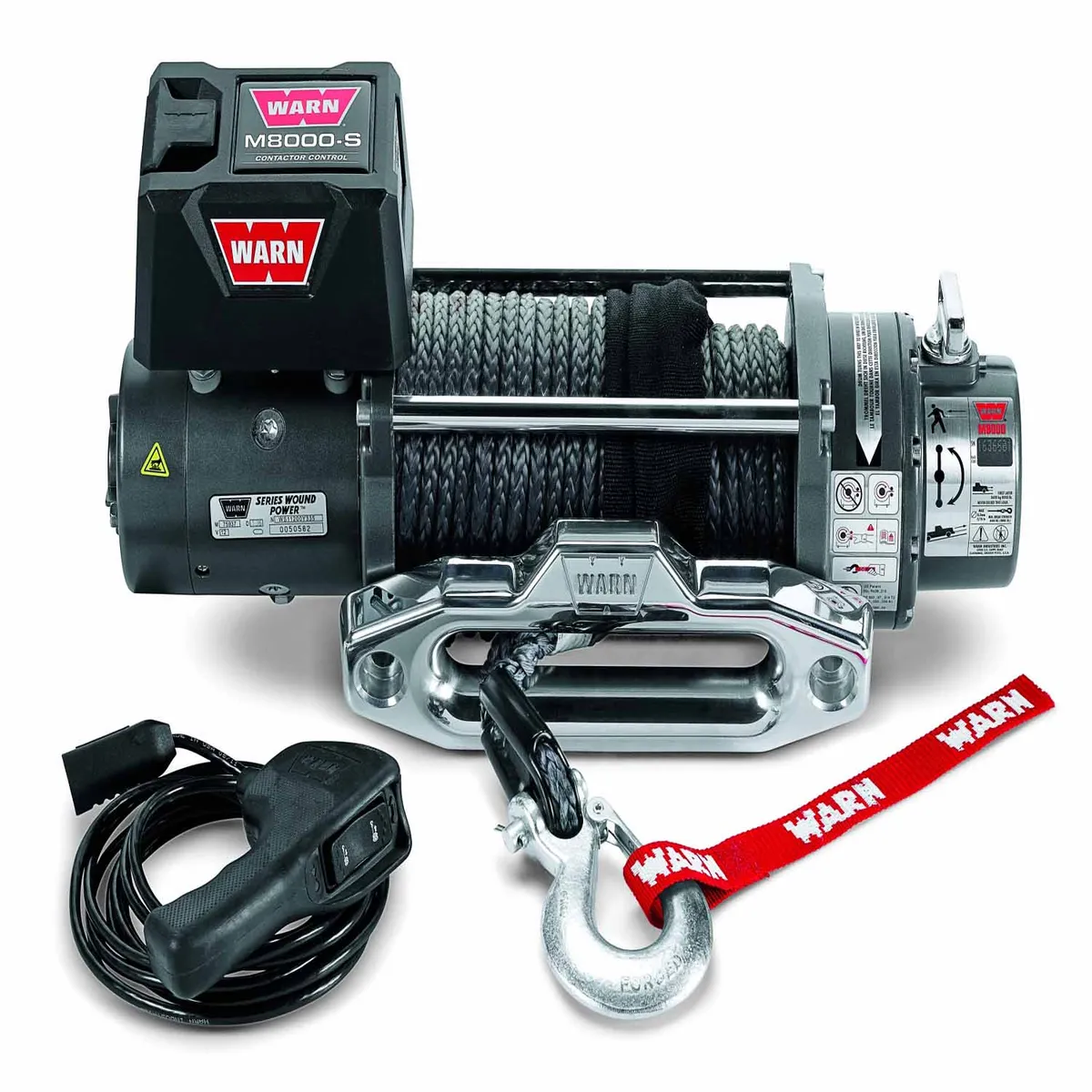 WARN - Vehicle Mounted; Vehicle Recovery Winch; 12 Volt Electric; 8000 Pound Line Pull Capacity; 100 Foot Synthetic Rope; Hawse Fairlead; Wired Remote; Plane product image