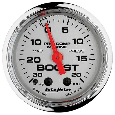 AutoMeter Gauge, Vac/Boost, 2 1/16", 30inhg-20psi, Mechanical, Marine Chrome
