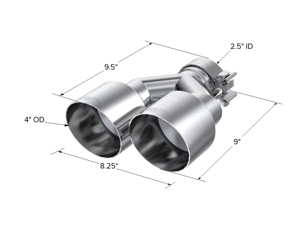 Armor Pro Exhaust Tip; 2.5 in. Inlet Diameter; Dual 4 in. Outlet Diameter Out Single Wall; T304 Stainless Steel; product image