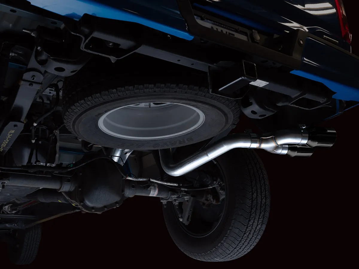AWE 0FG Dual Split Rear Exhaust for '21+ Ford F-150 - 5" Diamond Black Tips product image