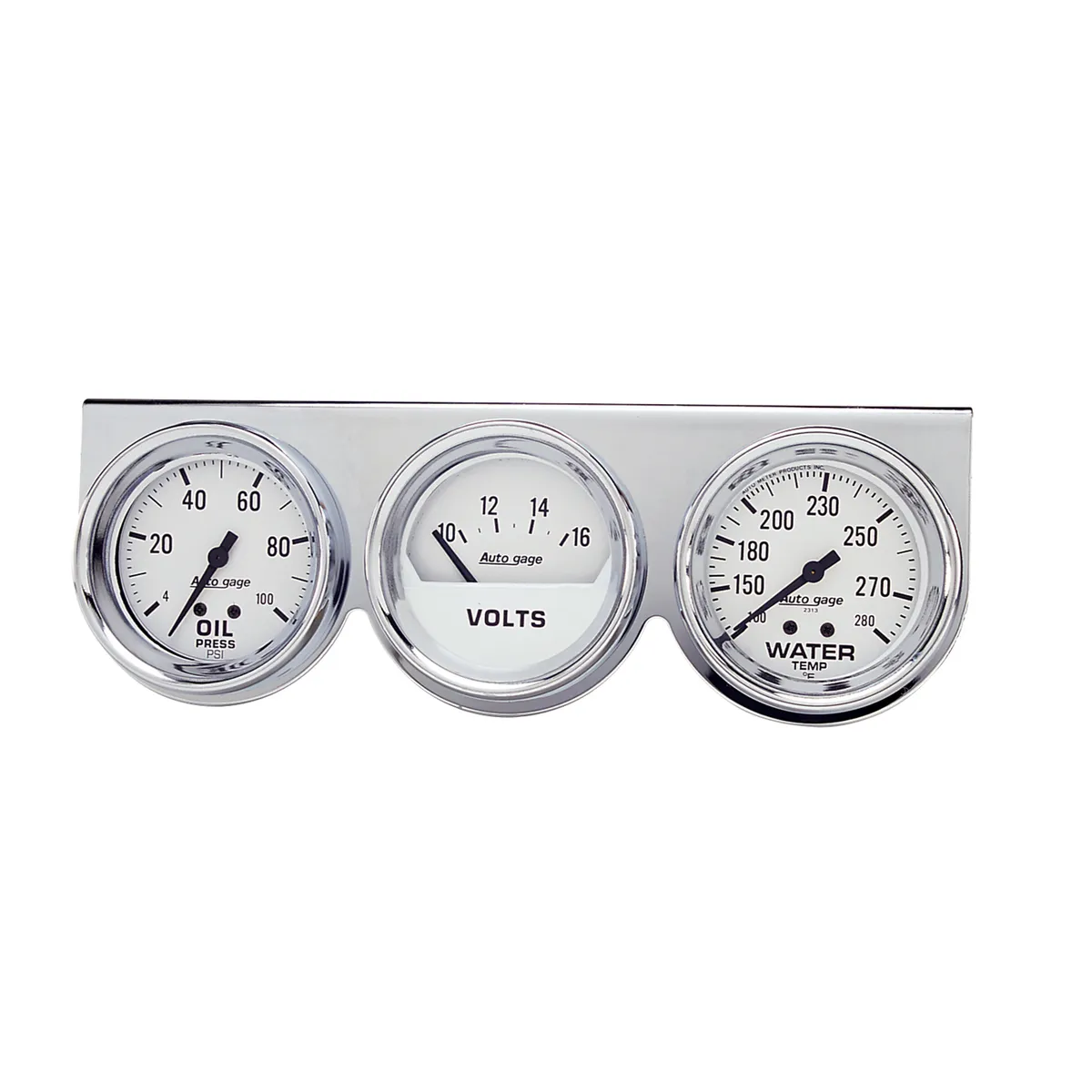 Autometer 2329 Gauge Console, Oilp/Wtmp/Volt, 2 5/8, 100psi/280?f/16v, Wht Dial, Chrme Bzl, ag product image