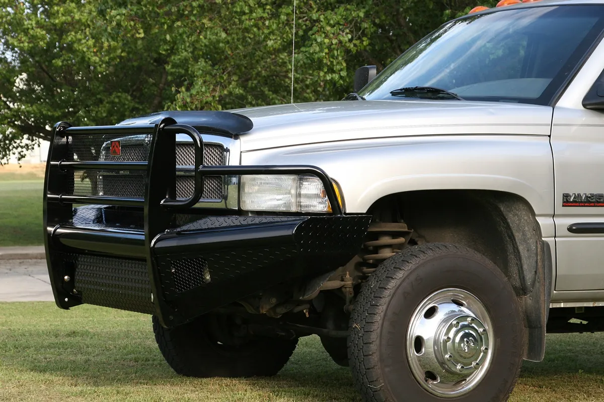 Black Steel Front Ranch Bumper; 2 Stage Black Powder Coated; w/Full Grill Guard; Incl. Light Cut-Outs; product image