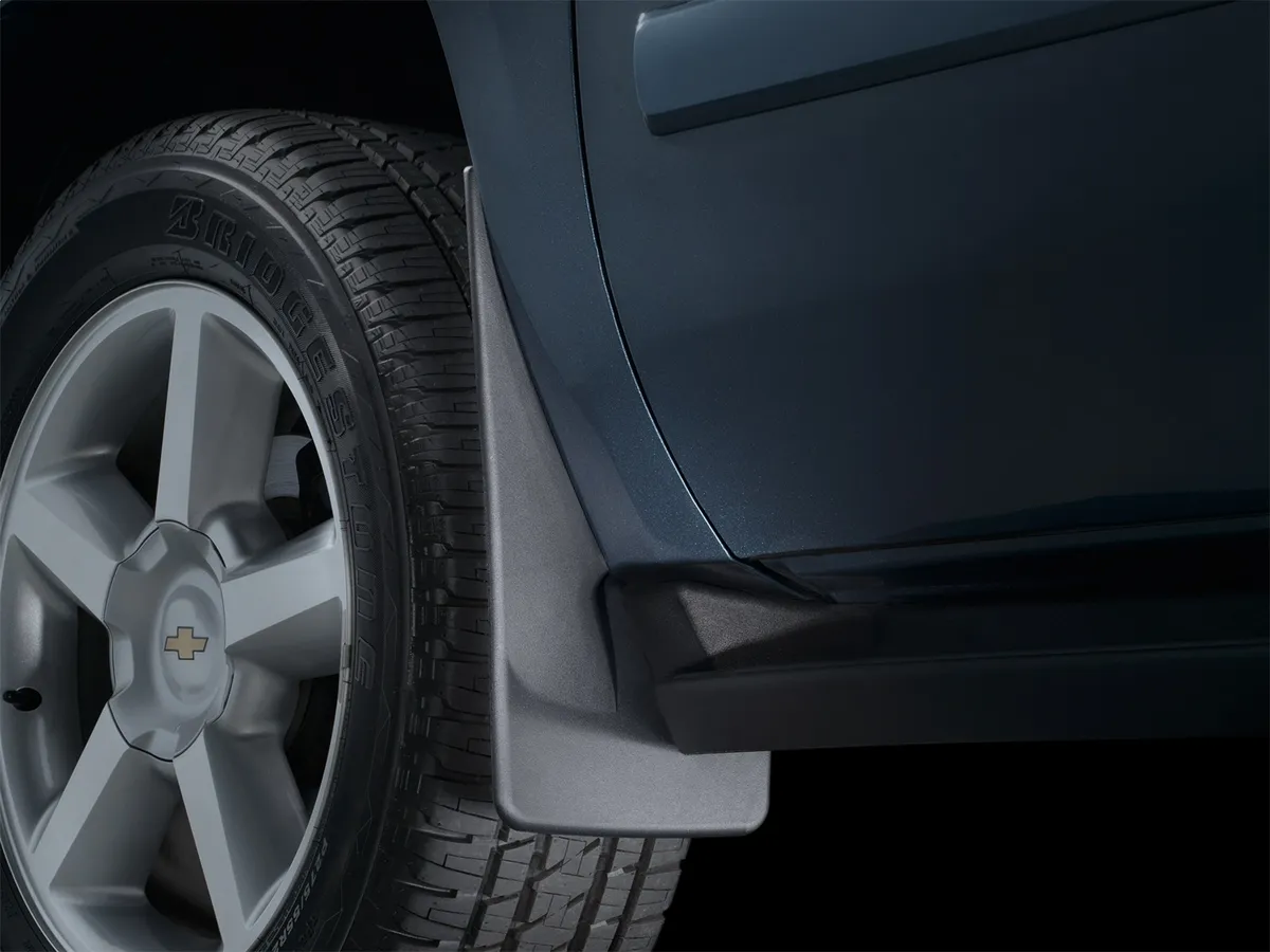 2007 + Cadillac Escalade Black No Drill MudFlaps Fits vehicles w/o flares molding & powers steps does not fit vehicles with 22" rims / 2007 + GMC Yukon Denali Black No Drill MudFlaps Fits vehicles w/o flares molding & powers steps does not fit product image