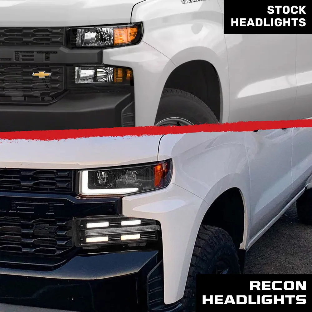 Chevrolet Silverado 19-20 1500 4th Gen Body Style w OEM Halogen And Standard Reflector Housing - Halogen Projector Headlights w Ultra High Power Smooth Oled DRL And Scanning Switchback High Power Amber LED Turn Signals - Smoked Black product image