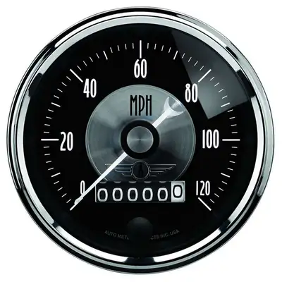 AutoMeter Gauge, Speedo, 3 3/8", 120mph, Elec. Program w/Wheel odo, Prestige Blk. Diamond