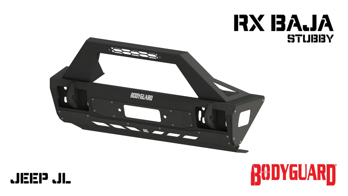 2018-2025 Jeep Wrangler JL Front Bumper Stubby with Push Bar End Cap Light Cutouts With Camera Harness + Pod Texture Black Powdercoat Bodyguard Bumpers product image