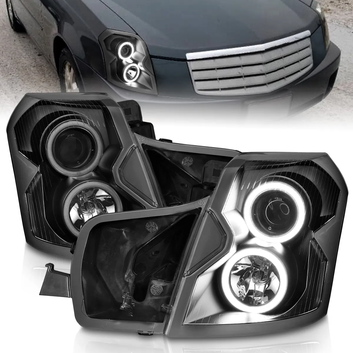 Projector Headlight Set w/Halo; Clear Lens; Black Housing; Pair; CCFL; product image