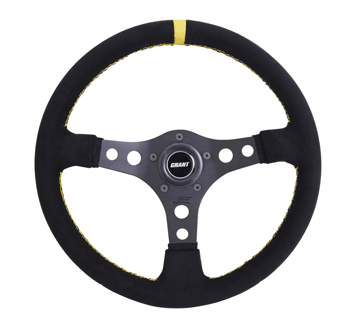 Formula GT Steering Wheel; 14 in. Diameter; 3 1/2 in. Dish; Black Suede Wheel w/Yellow Center Stripe:3-Spoke Design: 5 or 3 Hole Kit; product image