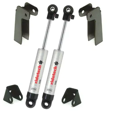 Ridetech Front Shock Relocation Kit Universal Pair Of 4.75 Inch Stroke HQ Shocks W/ Weld-On Upper And Lower Brackets These Shocks Are 10.15 Inch X 14.9 Inch W/ A 12.5 -13 Inch Ride Height Ridetech