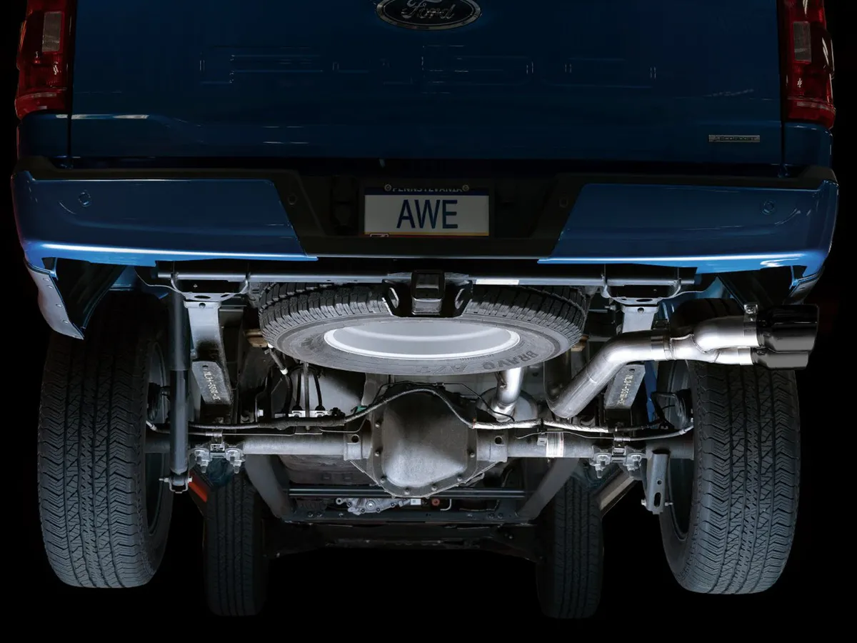 AWE 0FG Dual Split Rear Exhaust for '21+ Ford F-150 - 5" Diamond Black Tips product image
